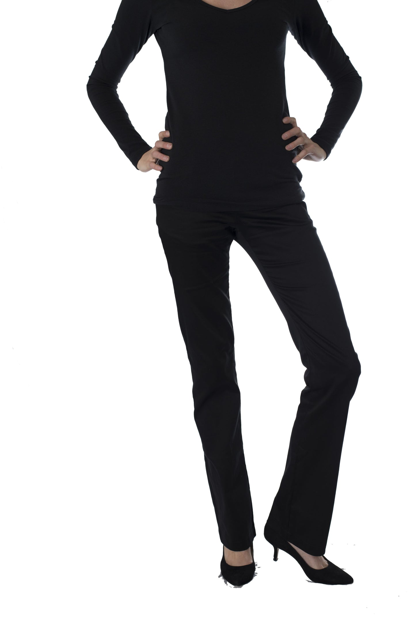 Black pants long 35 inch inseam and long vneck black top with extra long arm length