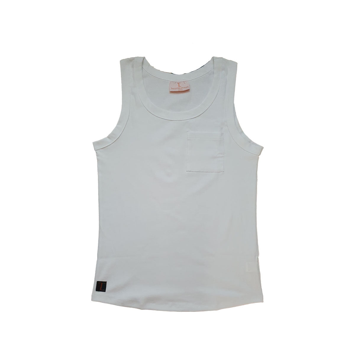 White tank top with pocket for tall girls and for curvy girls